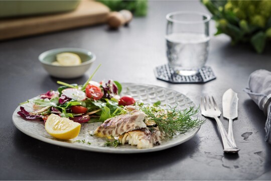 Teller mit gegrilltem Fischfilet, frischem Salat mit Tomaten und Radieschen sowie einer Zitronenscheibe, angerichtet auf einem dunklen Tisch mit Besteck und einem Glas Wasser im Hintergrund.